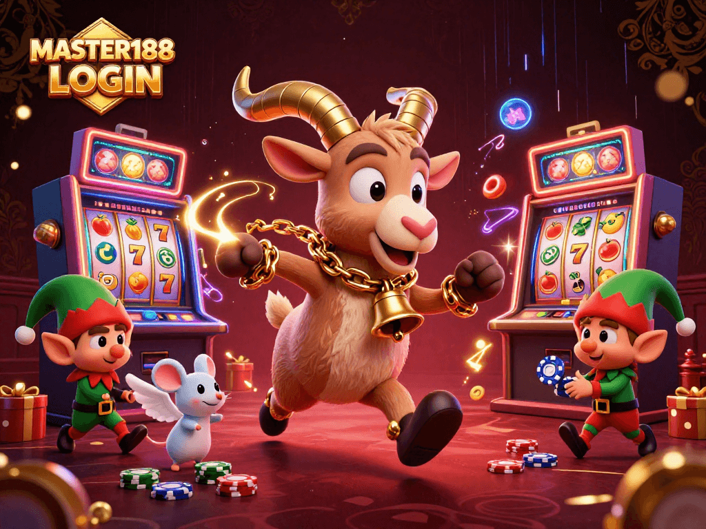 Experience the thrill of MASTER188 LOGIN with this festive casino scene featuring Krampus and mischievous gremlins.