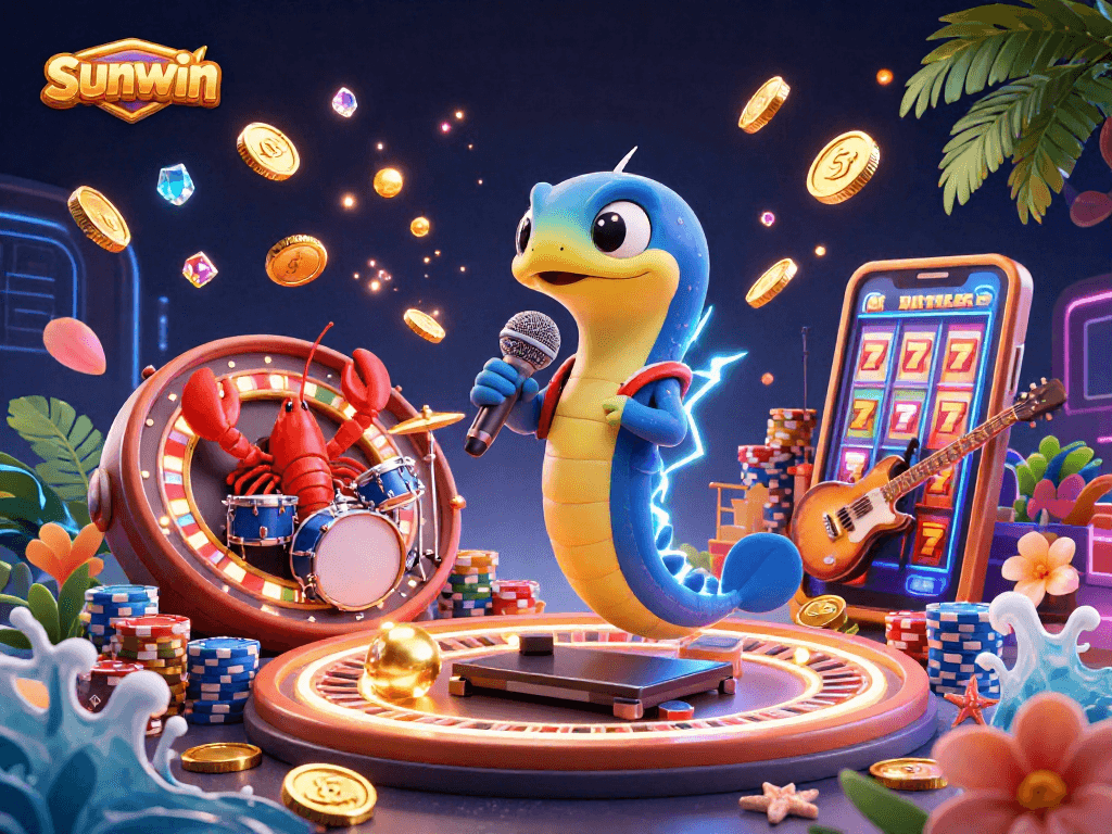 Sunwin showcases a vibrant underwater scene with an electric eel DJ and casino elements.