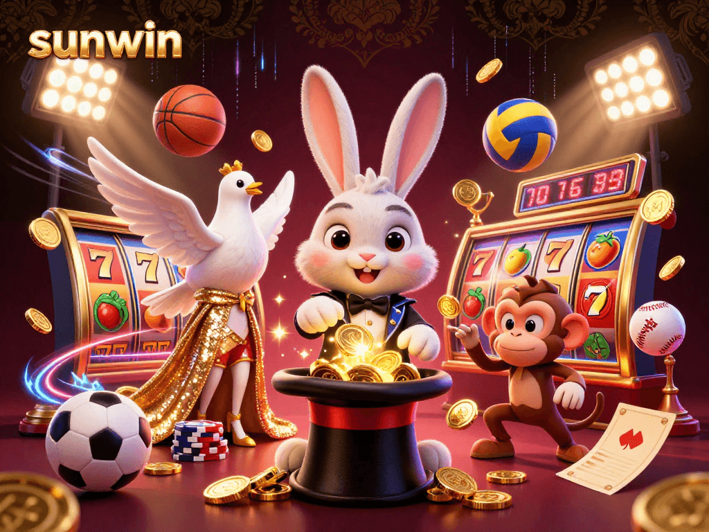 Engage with the magic of sunwin as a cartoon rabbit conjures coins amidst vibrant casino elements and dynamic sports action.