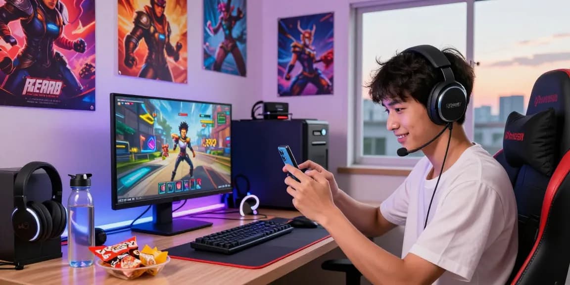 Gamer na naglalaro ng bagong laro sa bd188 platform na may makulay na dekorasyon at modernong kagamitan.