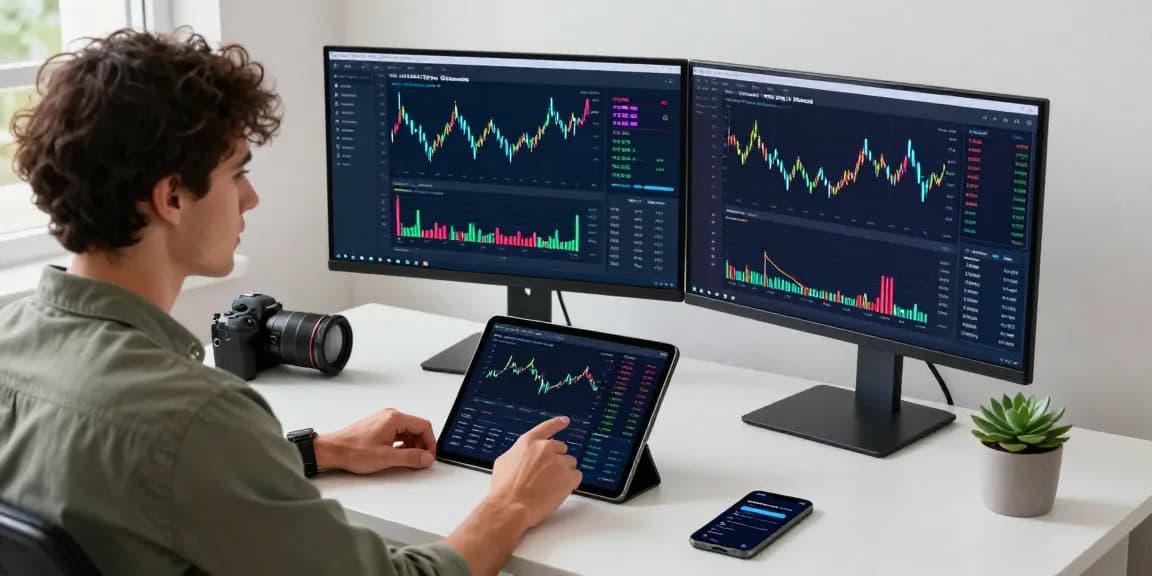 libertyswap user engaging in cross-chain trading in a modern workspace with cryptocurrency data on screens.