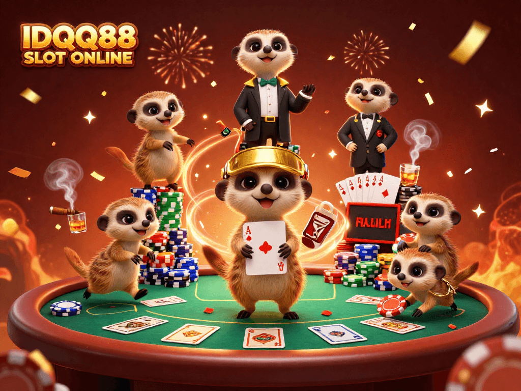 Engage with IDQQ88 SLOT ONLINE in a vibrant casino scene showcasing meerkats at play.