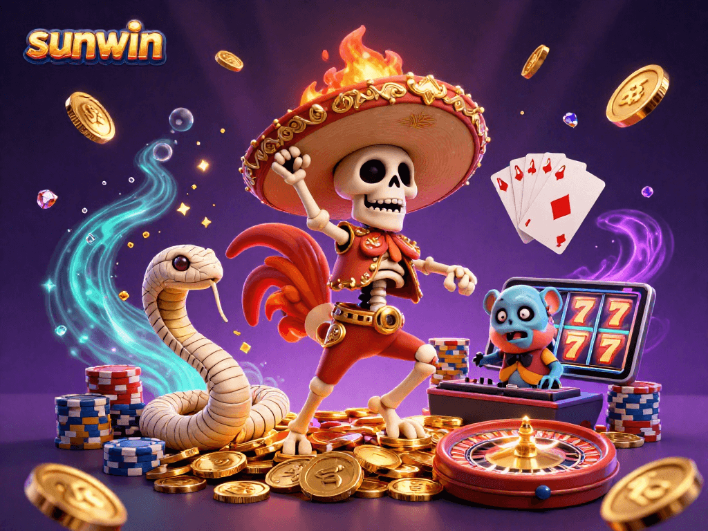 Experience thrilling fun with sunwin's vibrant 3D illustration, featuring playful casino characters and dynamic game elements.