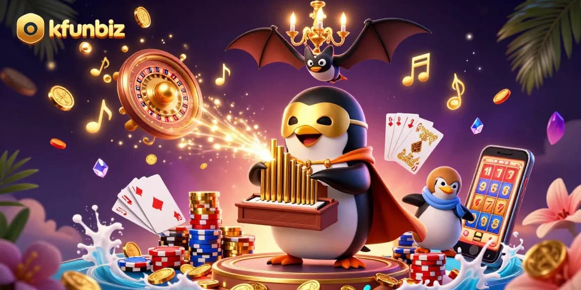 Experience excitement at okfunbiz with a vibrant casino illustration of animated characters and games.