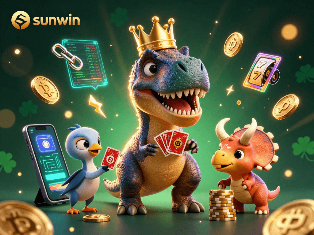 Engage in exciting gameplay with sunwin through vibrant 3D casino illustration showcasing T-Rex and friends.