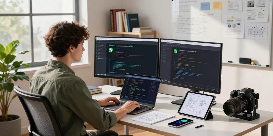 Developer using WhatsApp網頁版 in a modern workspace filled with tech gadgets and coding screens.