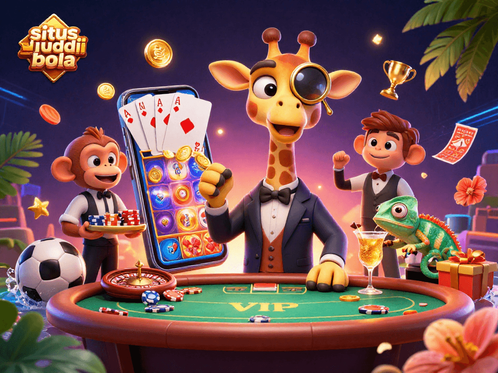 Situs judi bola showcases a vibrant scene with a giraffe high-roller at a poker table and a monkey valet, celebrating sports betting.