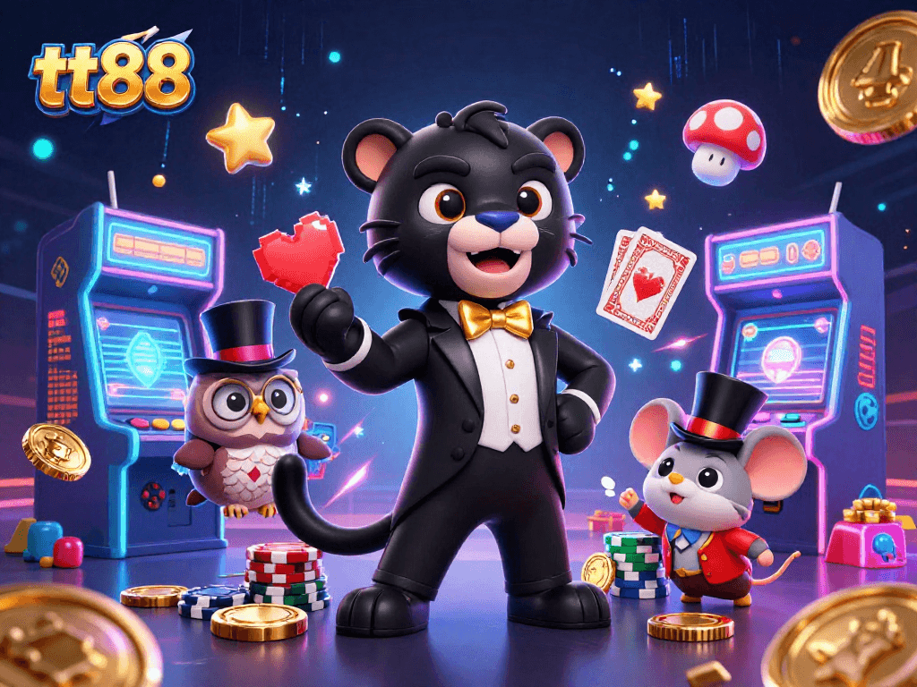 Engage with tt88 while the panther deals cards and the owl holds poker chips in a vibrant casino