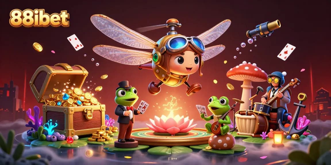 Engage in thrilling gameplay with 88ibet's unique frog croupier and dragonfly pilot amid a vibrant casino atmosphere.