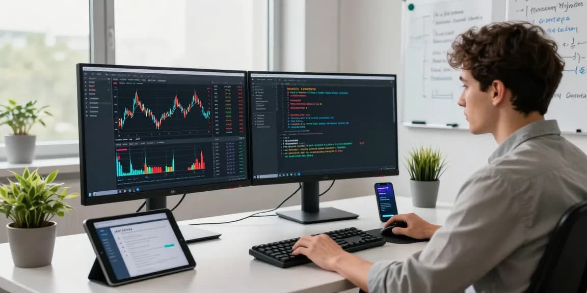 Detailed workspace showing Germany stock backtesting API analysis on monitors, enhancing trading strategies and market insights.
