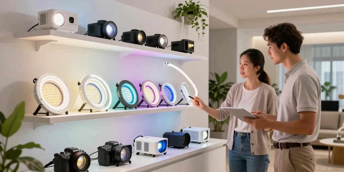 Aplică LED de calitate premium într-un showroom modern, evidențiind produsele inovatoare.