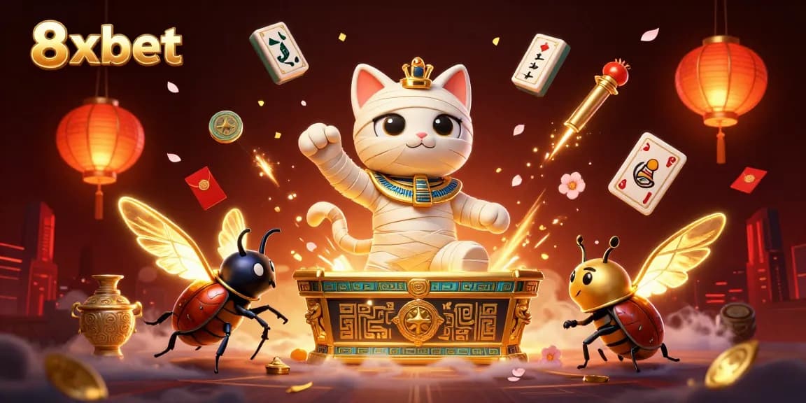 Experience the thrilling 8xbet casino with the Egyptian mummy cat and its scarab companion bursting onto the scene.