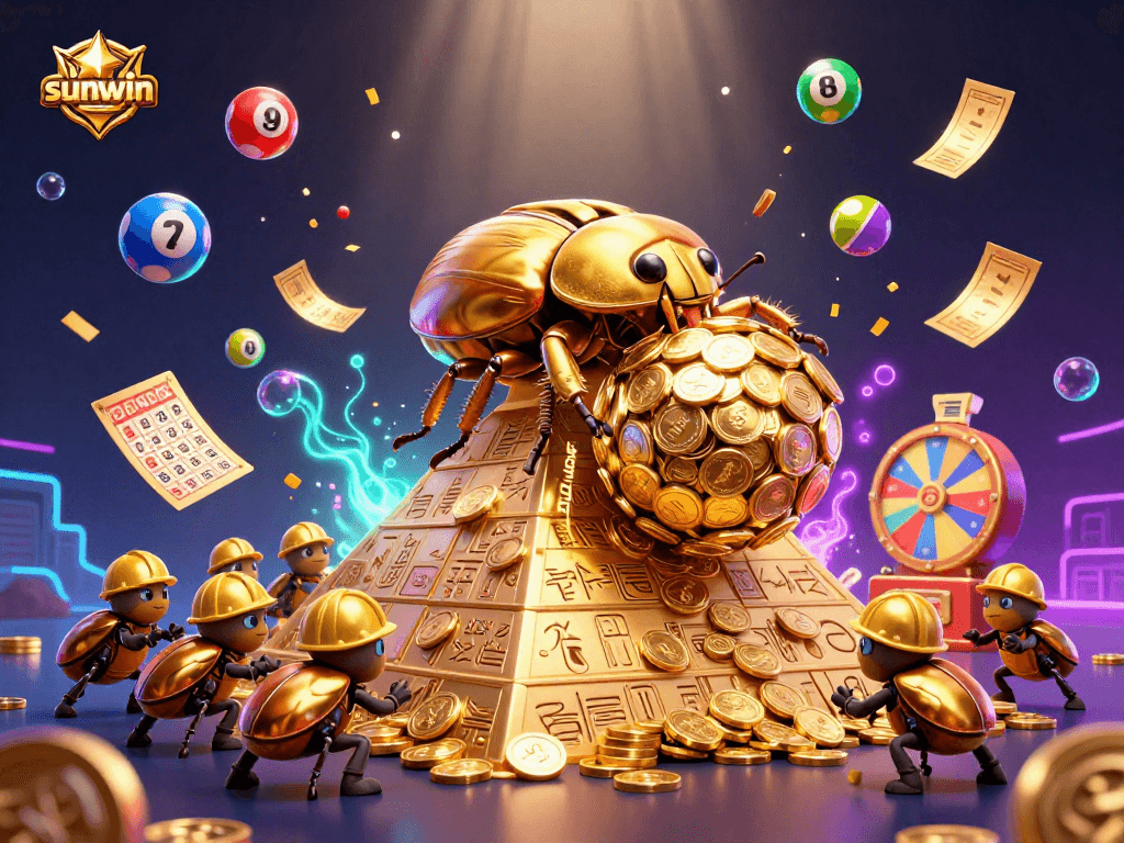 sunwin features vibrant lottery activities with golden coins, winning balls, and lively characters