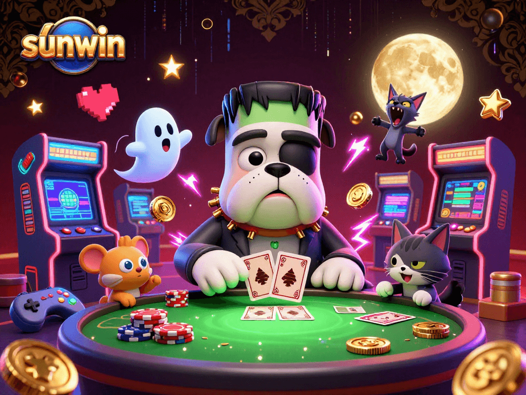 Catch the excitement with sunwin featuring a Frankenstein bulldog monster dealing cards in a spooky casino!
