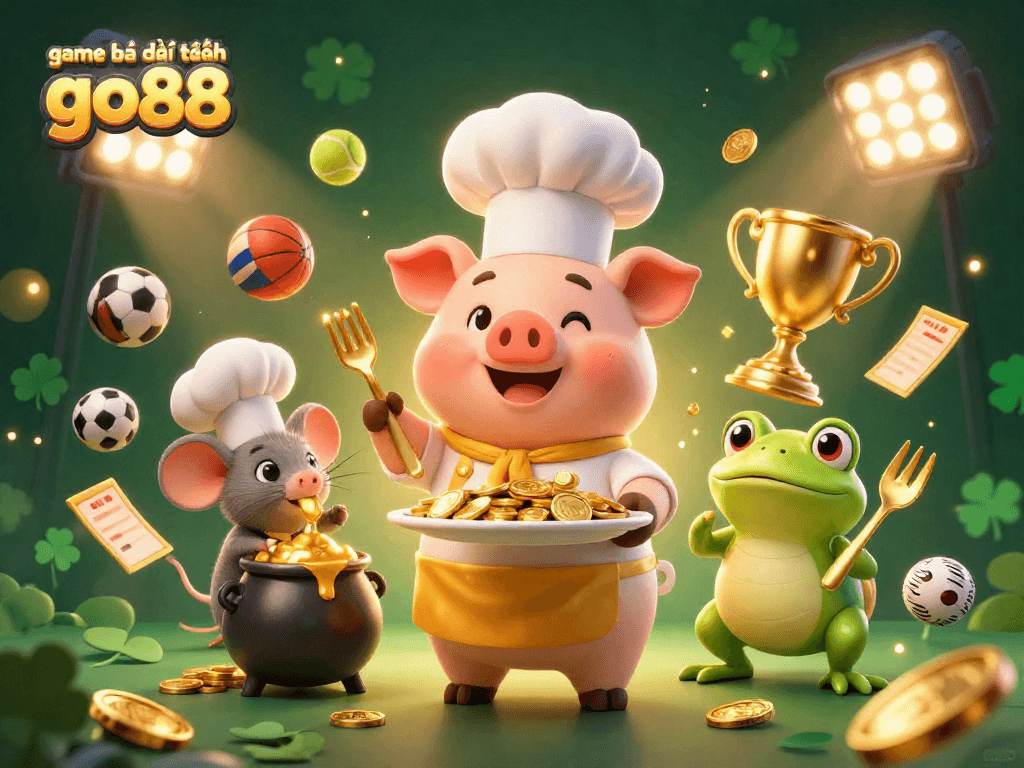 Engage with the exciting game bài đổi thưởng go88 as the cartoon pig chef serves golden coins surrounded by playful sports elements.