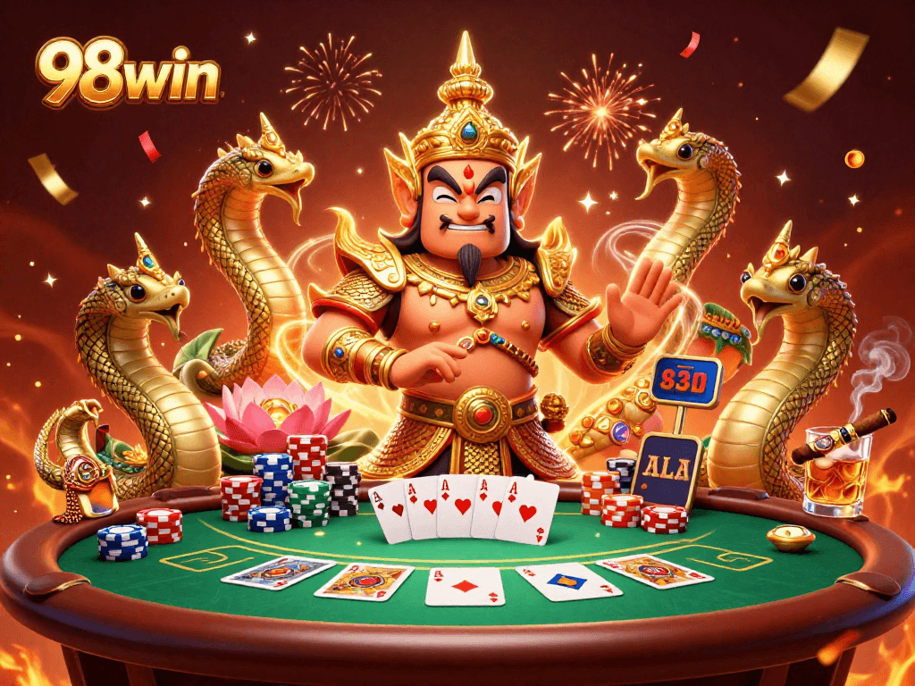 Experience the thrill of poker with the vibrant 98win guardian and Naga companions celebrating wins.