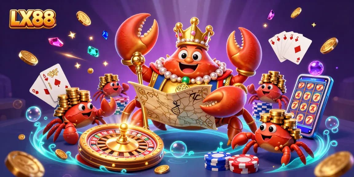 LX88 emperor crab holds scepter and map amidst dynamic casino elements, showcasing vibrant gambling energy.