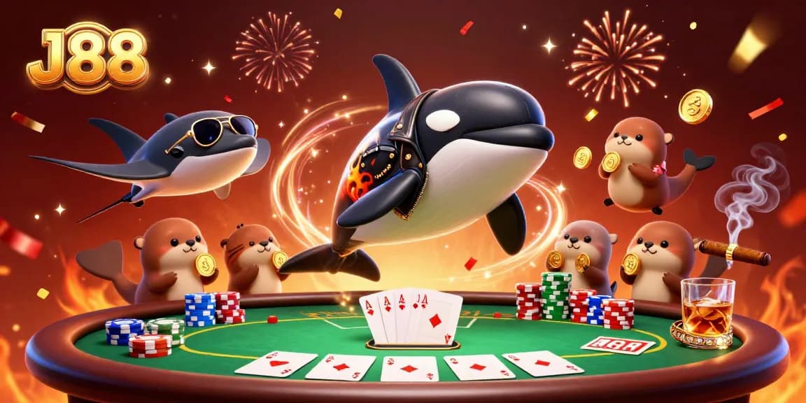Experience J88’s thrilling casino environment with animated characters celebrating in a vibrant atmosphere.