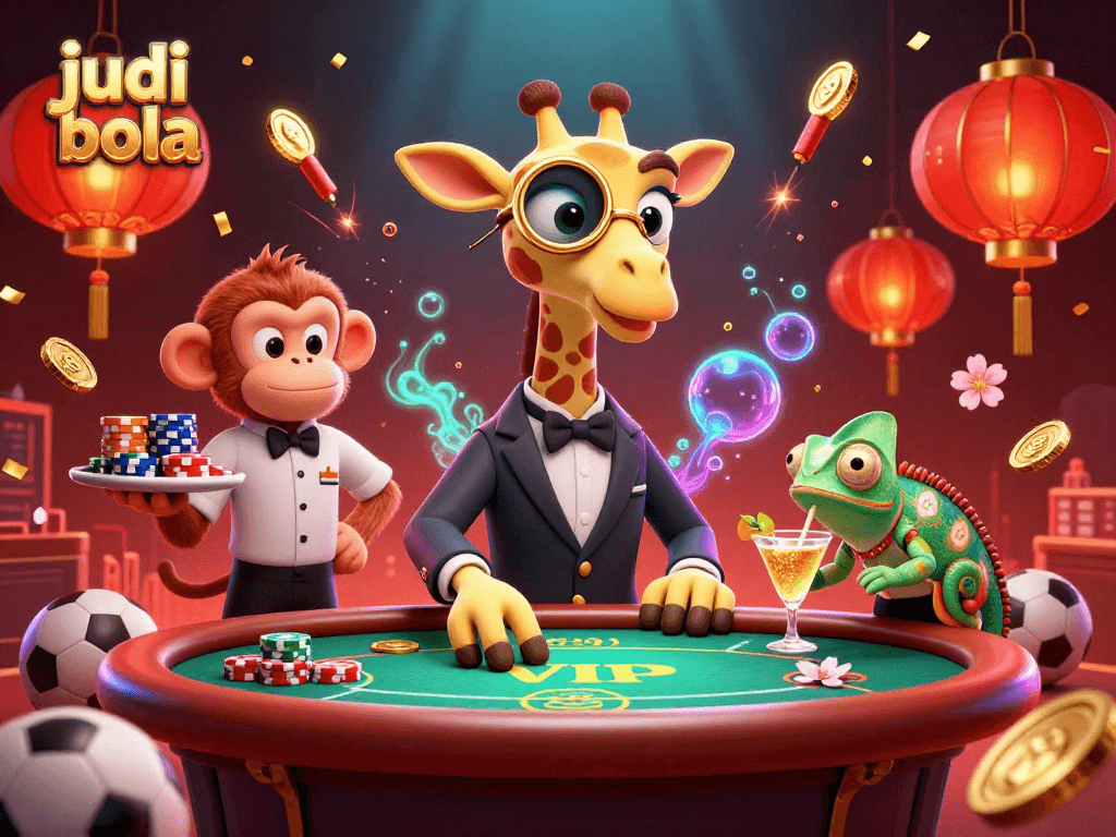 Engage in judi bola with a high-roller giraffe at a lively betting scene.