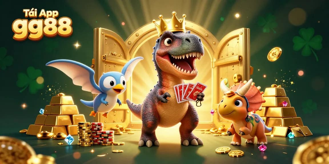 Tải App gg88 and experience thrilling casino action with lively 3D characters in a sparkling treasure-filled scene.