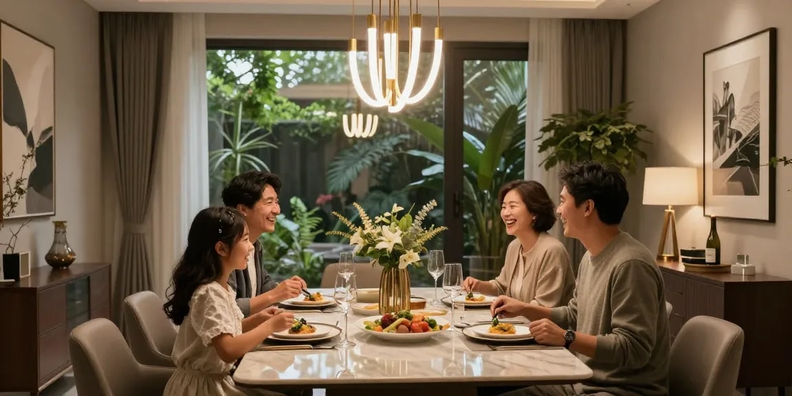 Candelabre LED moderne în dining elegant, atmosferă caldă și confortabilă.