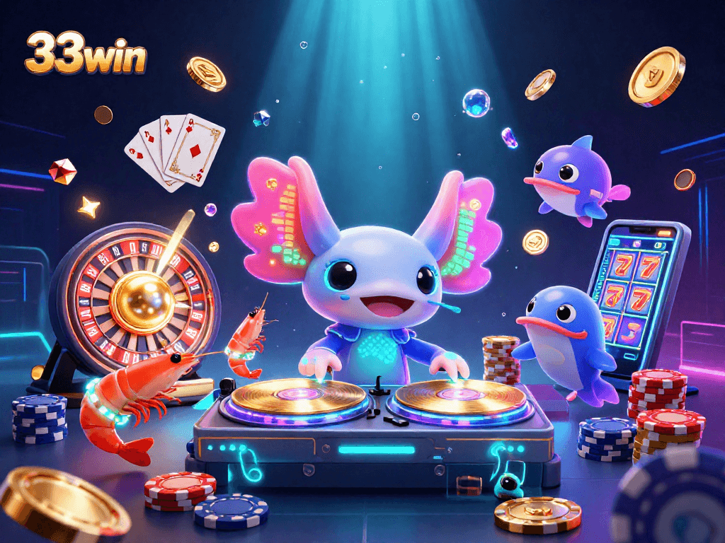 Experience thrilling gaming with 33win as neon axolotl DJ spins under glowing aquatic lights.