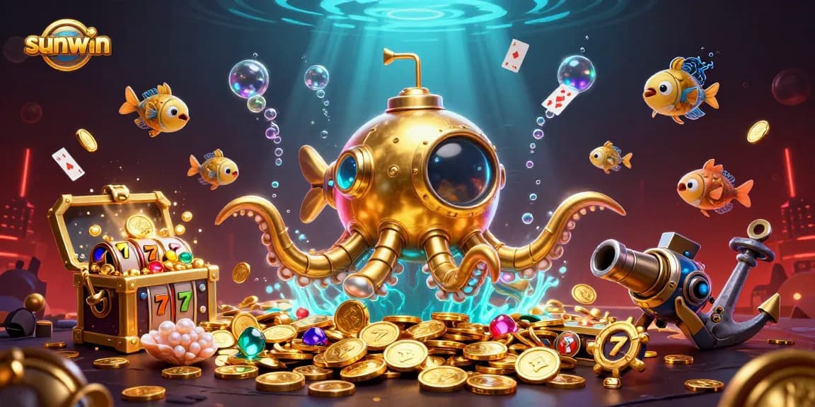 Sunwin's dynamic underwater casino adventure featuring a golden kraken and slot reels amidst treasure.