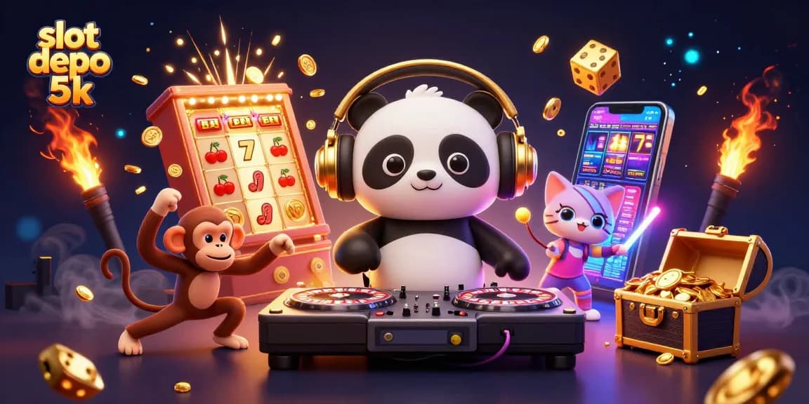 Experience the excitement of slot depo 5k with colorful 3D characters interacting amidst a lively casino scene.