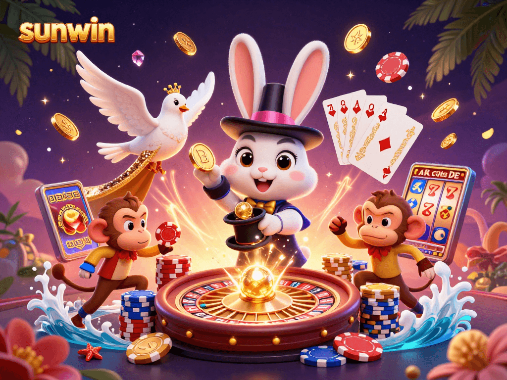 Experience the thrill of sunwin slots with a dynamic 3D illustration of a magician rabbit, assistant dove, and monkey stealing poker chips.