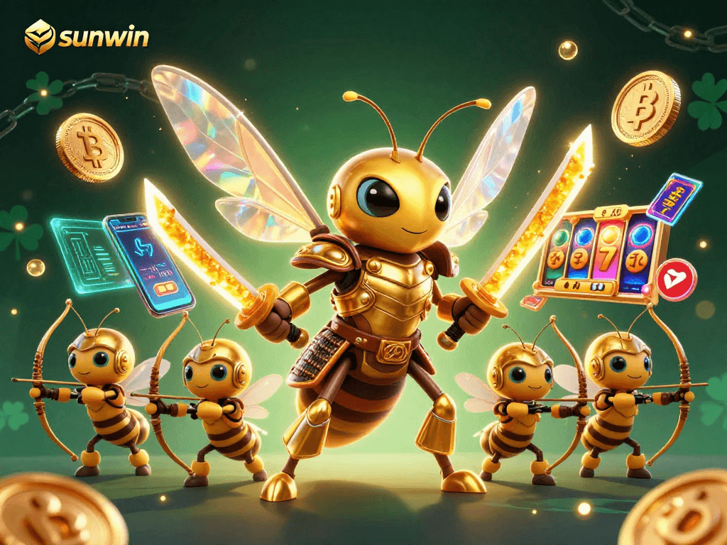 Engage with sunwin's vibrant casino art showcasing golden hornets amidst rich slot game elements.
