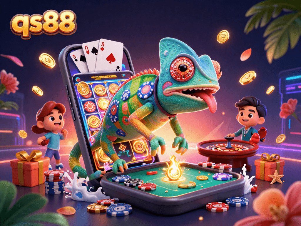 Experience thrilling gaming at qs88 with a vibrant chameleon casino owner, golden coins, and dynamic slot games.