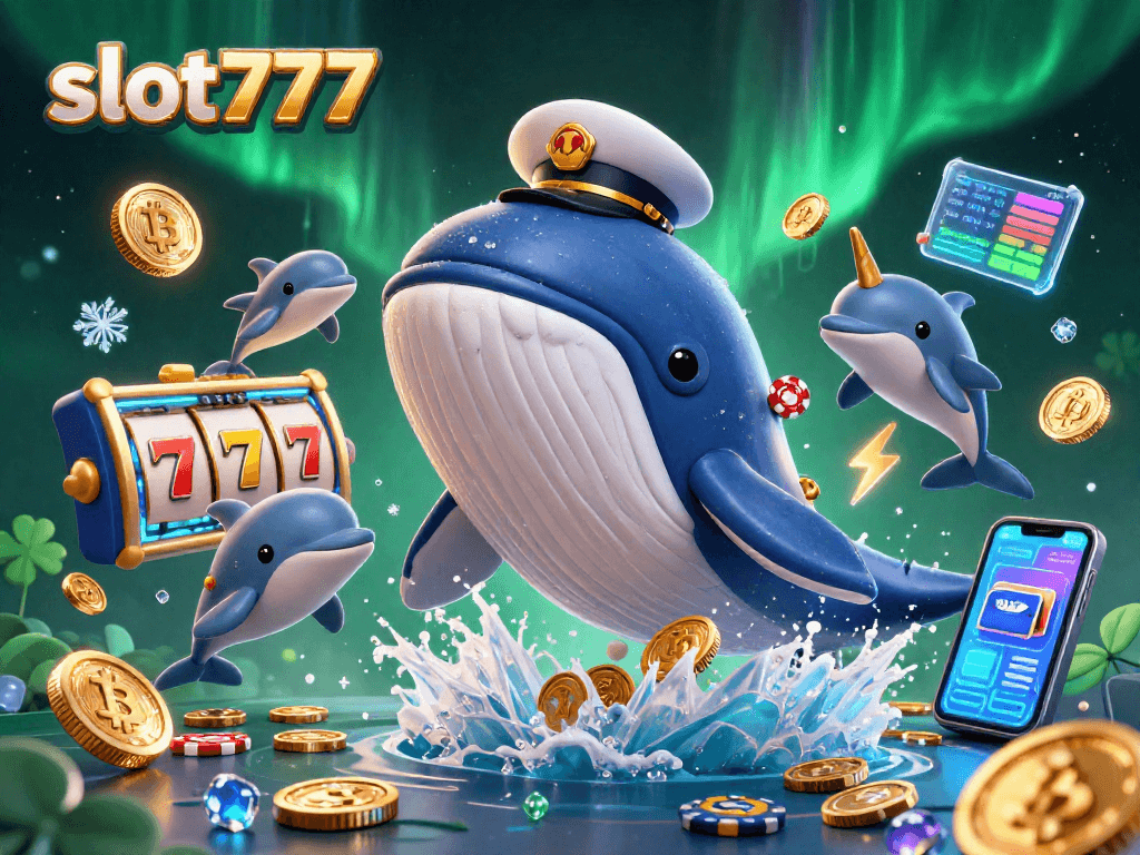 Experience thrilling gameplay with slot777 as the whale breaches through golden coins and slot reels.
