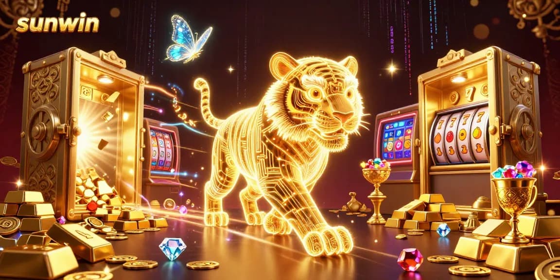 Experience sunwin’s vibrant gaming atmosphere with a golden tiger and treasure-filled digital casino.