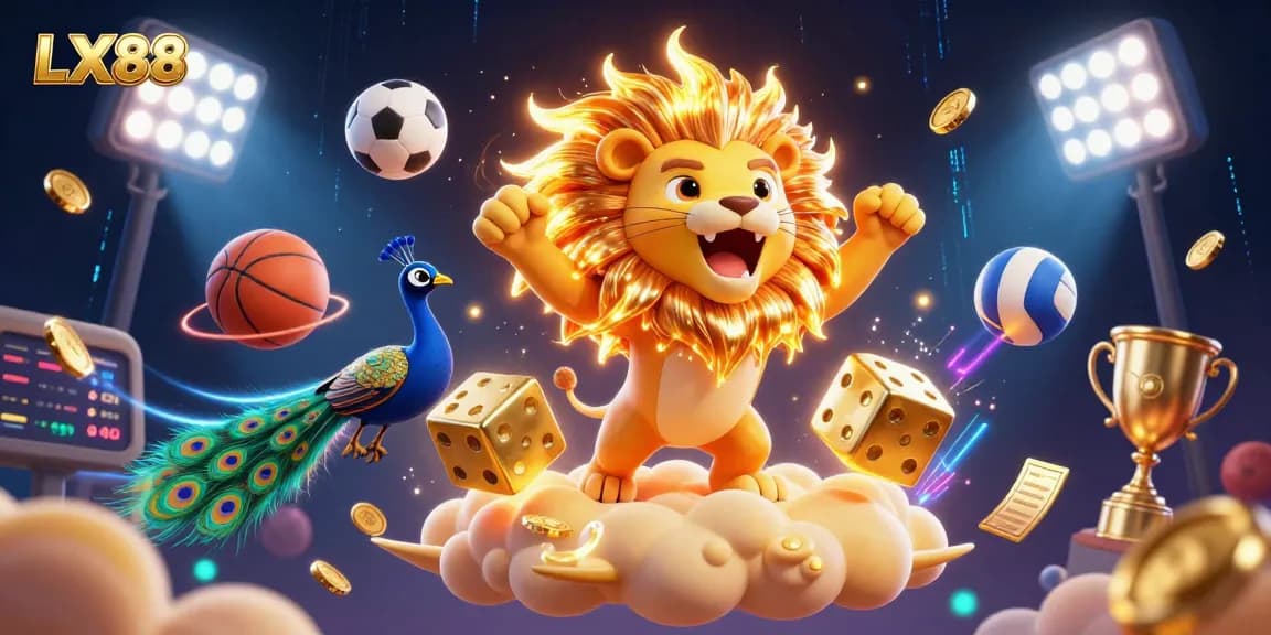 Engage with exciting LX88 game elements as vibrant golden dice and a roaring lion create a lively casino atmosphere.