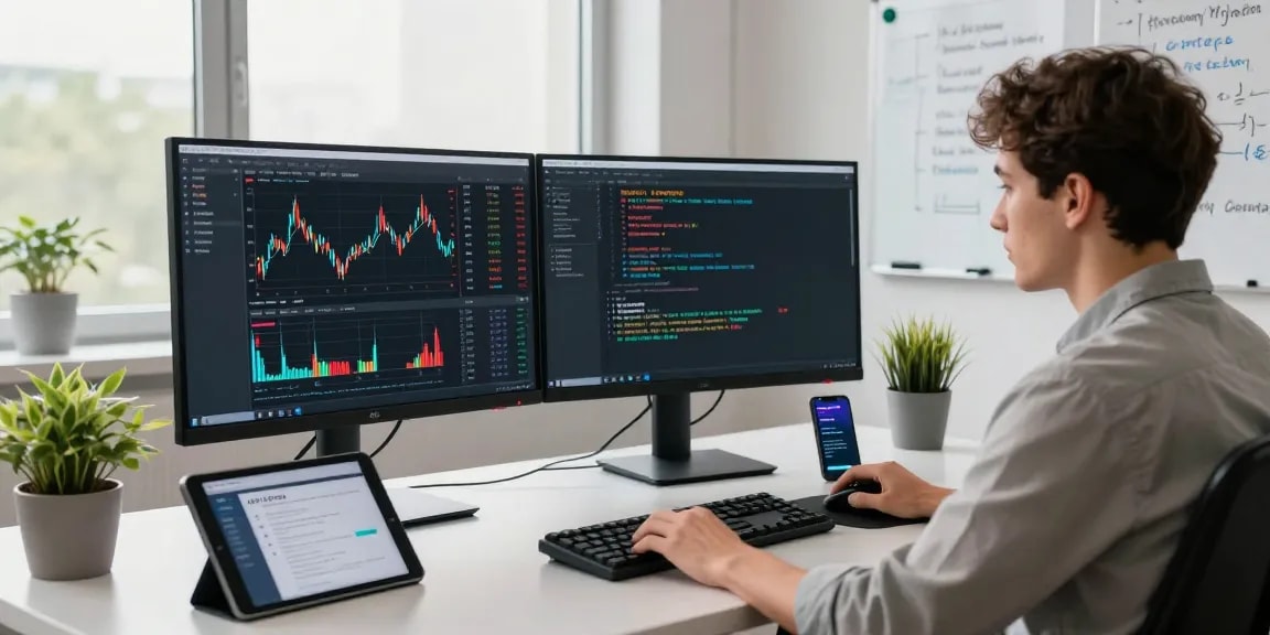 Detailed workspace showing Germany stock backtesting API analysis on monitors, enhancing trading strategies and market insights.