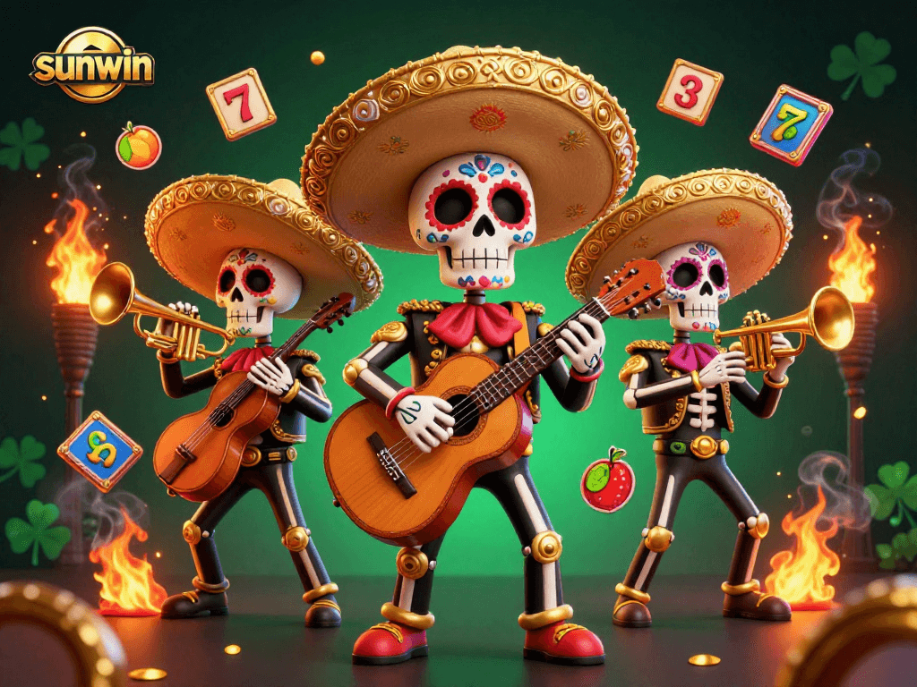 Experience the excitement of sunwin with a lively mariachi band illustration featuring slot machines, vibrant colors, and dynamic gaming elements.