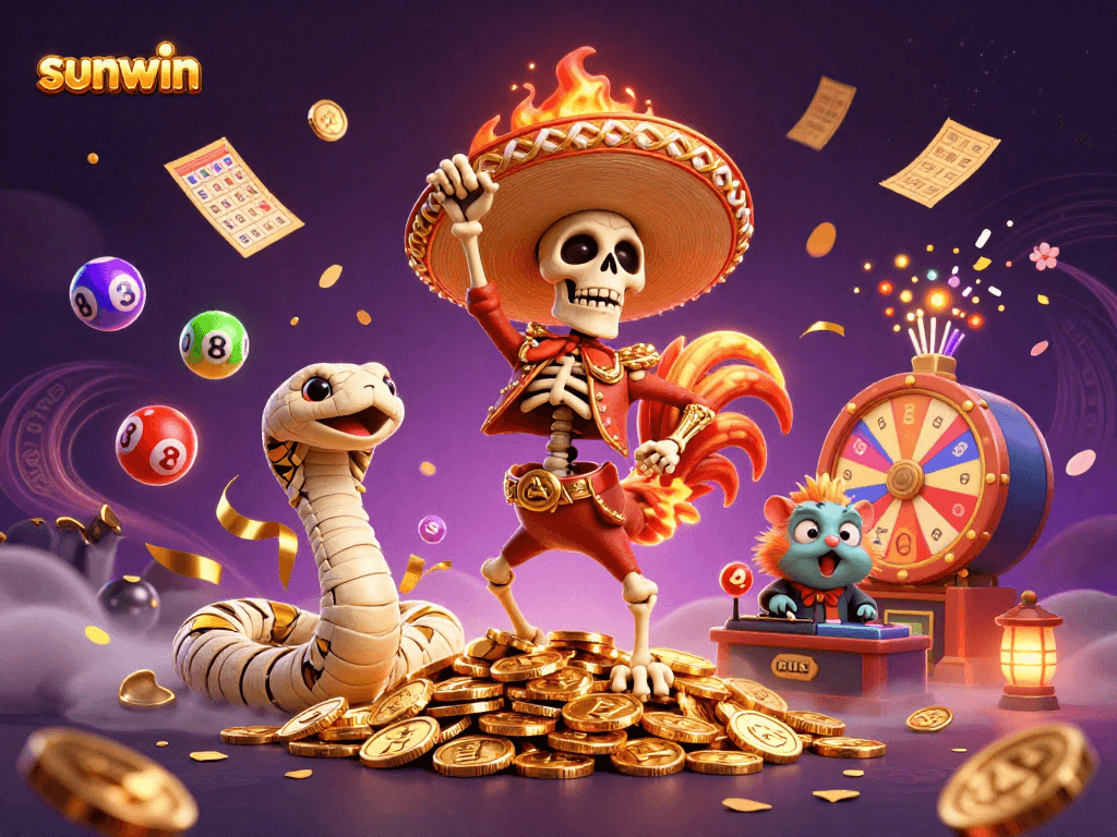 Engage with sunwin's exciting lottery scene featuring dynamic characters celebrating amidst colorful game elements.