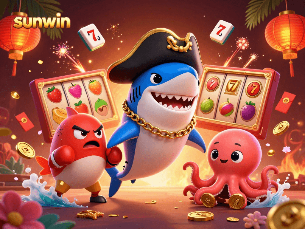 Sunwin highlights exciting casino slots with animated characters celebrating wins in a vibrant scene.