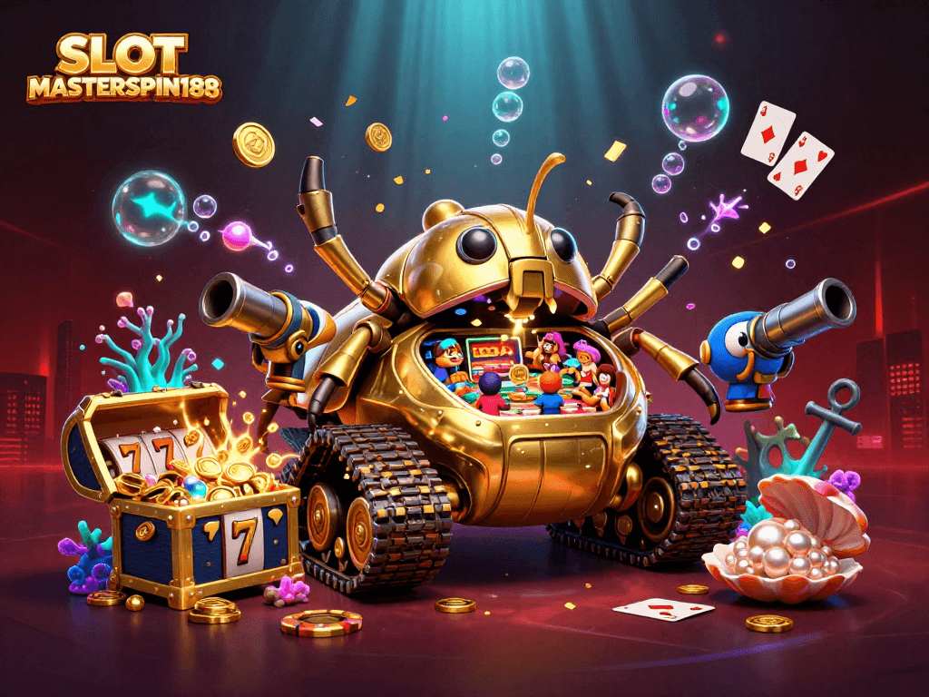 Engage with the SLOT MASTERSPIN188 experience in a vibrant 3D casino scene featuring miniature games.