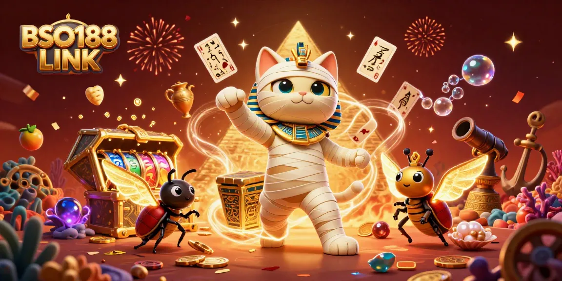 Experience thrilling games with BSO188 LINK in a vibrant casino scene featuring a mummy cat.