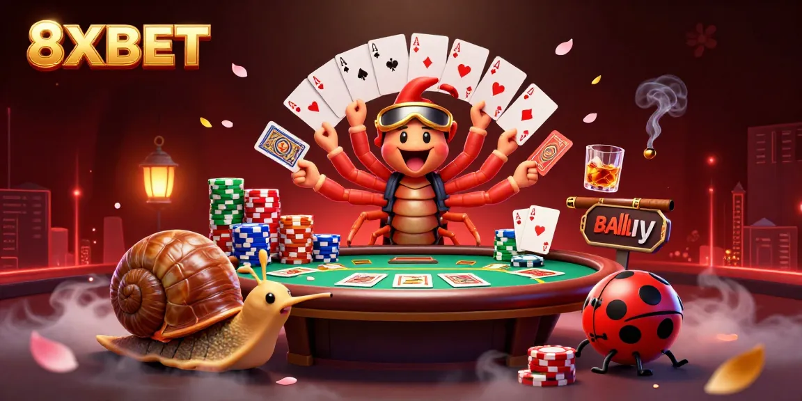 Experience the thrilling action at 8XBET with a lively casino scene featuring a millipede dealer and vibrant poker atmosphere.