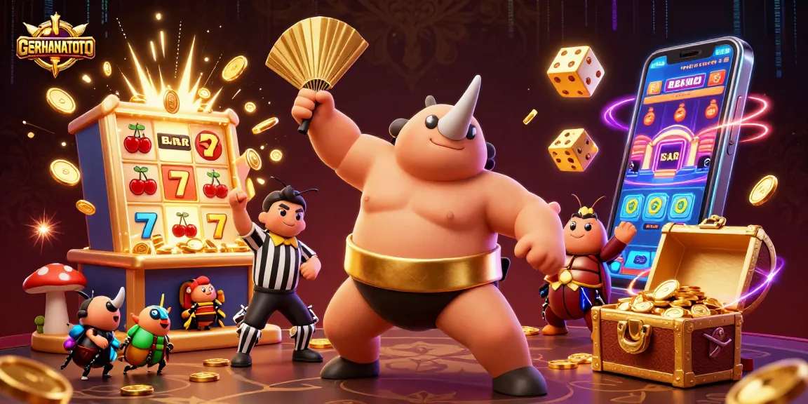 GERHANATOTO menampilkan juara sumo kepik dengan jackpot slot terbaik, menjatuhkan koin emas di tengah kasino.
