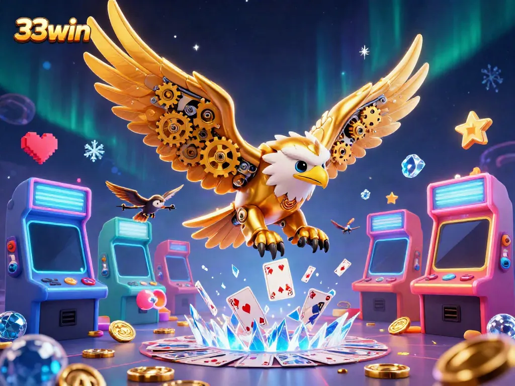 Engage with the vibrant 33win casino scene featuring a dynamic golden eagle and arcade machines.