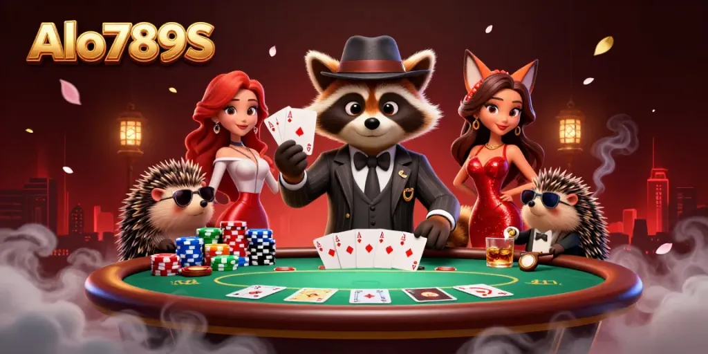 Engage with Alo789S at a lively poker scene featuring charming animal characters, showcasing a royal flush in a dynamic casino atmosphere.