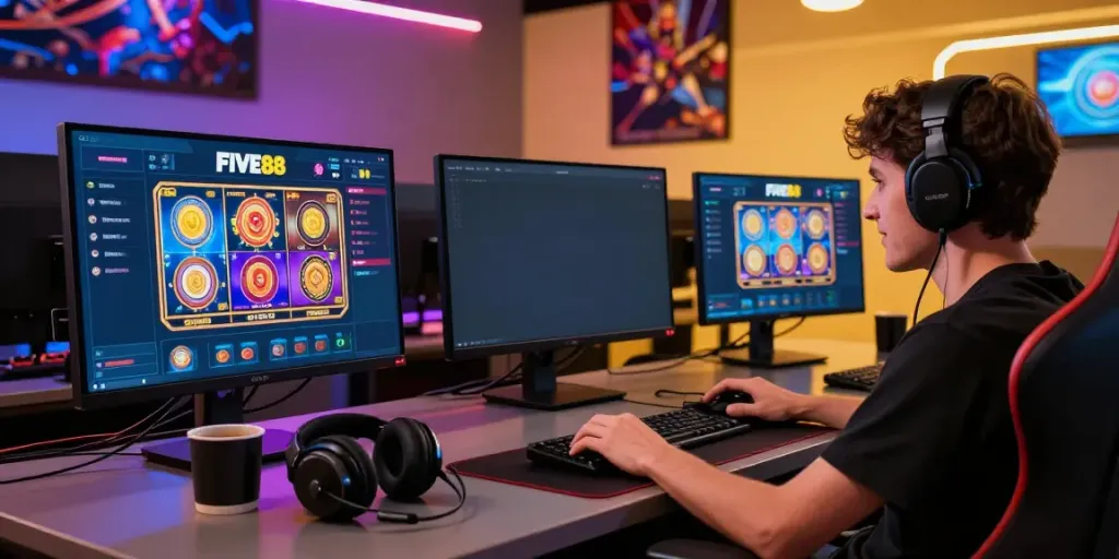 Player engaged in FIVE88 online gaming with a multi-monitor setup.