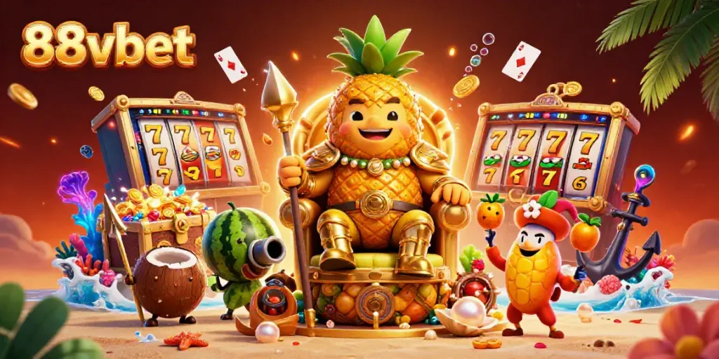 Experience exciting slots and adventures at 88vbet with a cartoon casino scene filled with gold and fun.