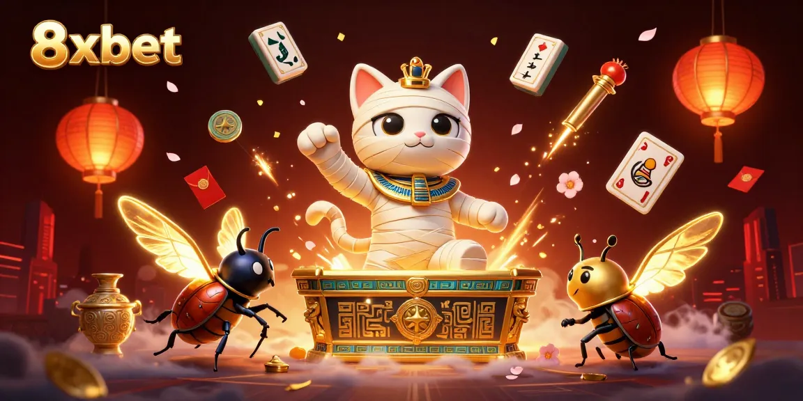 Experience the thrilling 8xbet casino with the Egyptian mummy cat and its scarab companion bursting onto the scene.