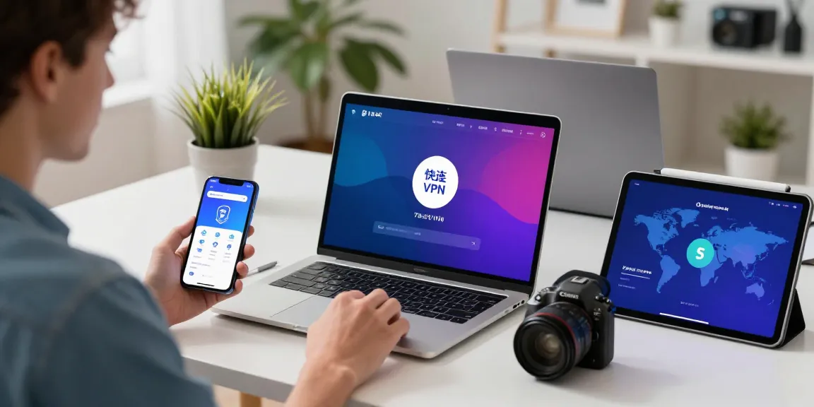 Connecting to 快连 VPN on a sleek laptop in a bright modern workspace.