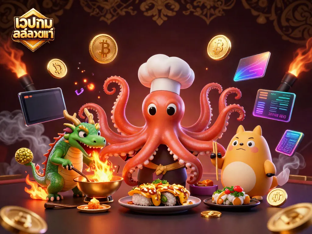 Engage with the dynamic 3D scene of เว็บเกมสล็อตแท้ featuring a sushi chef octopus, a fire-breathing dragon, and a tanuki customer.