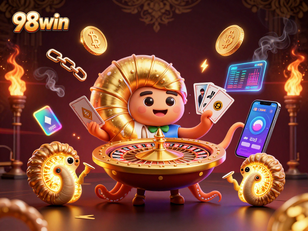 Engage with thrilling gameplay at 98win by showcasing a dynamic casino illustration featuring neon crypto elements.